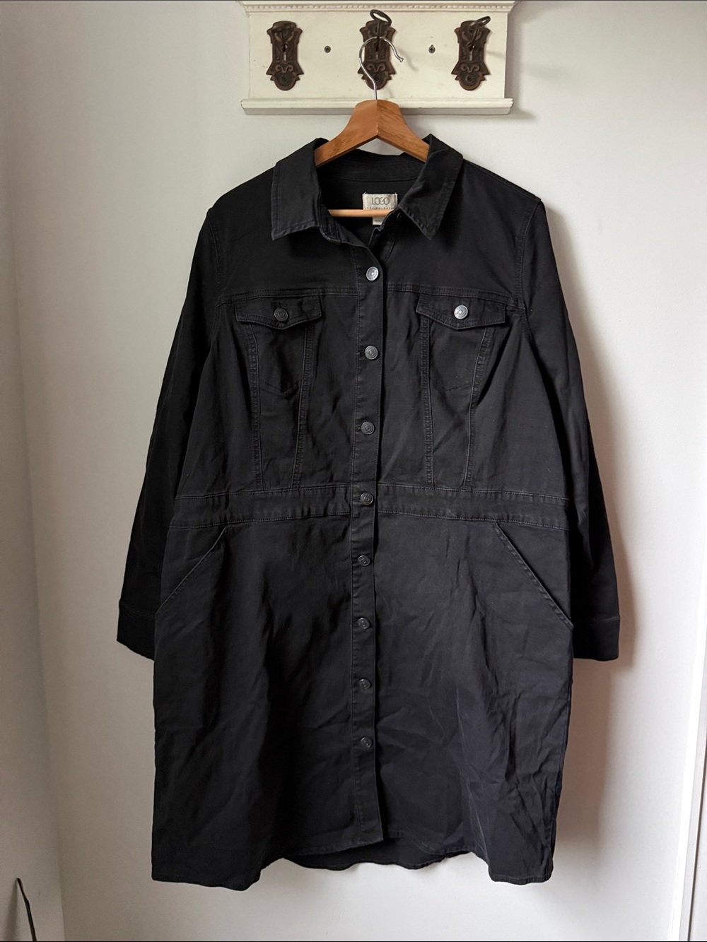 LOGO by Lori Goldstein Black Long Button-Front Shirt Dress Utility Cotton
